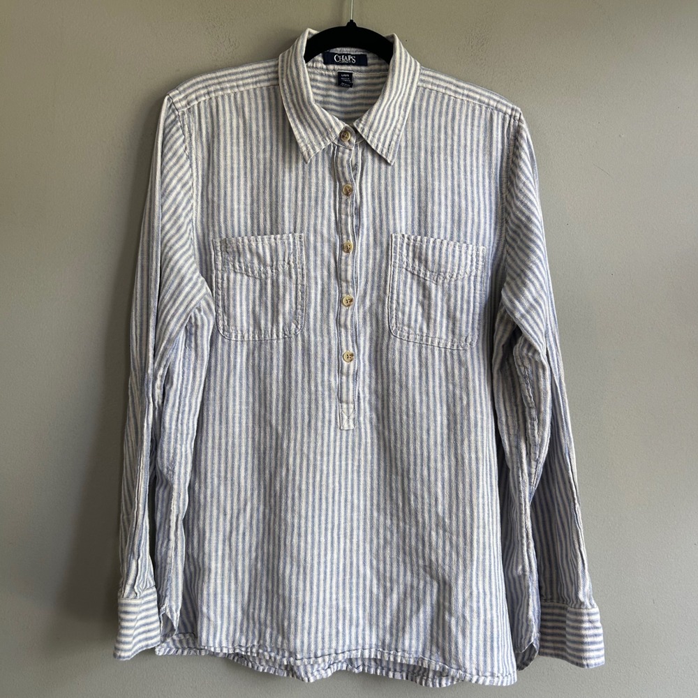 Chaps Denim Womens Blue White Striped Linen Blend Popover Shirt Large